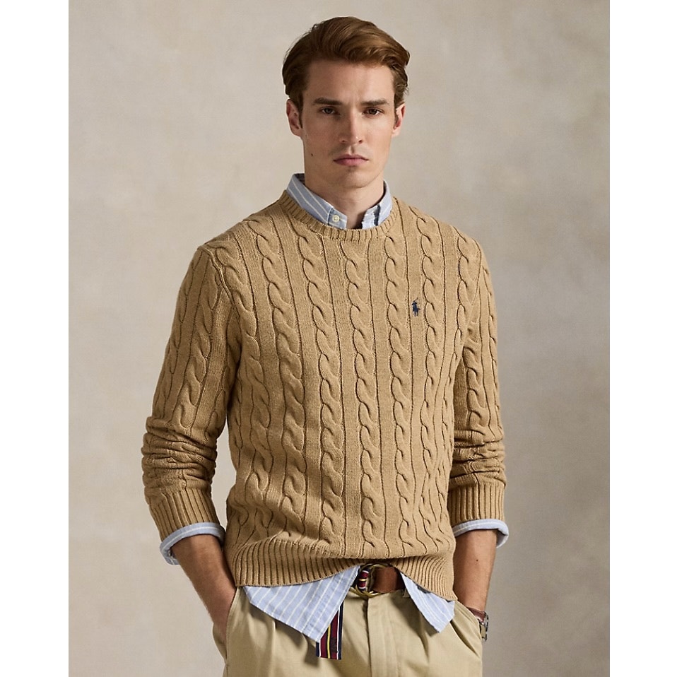 Polo Ralph Lauren Cable Knit Cotton Sweater Camel Melange Size Medium Nwot